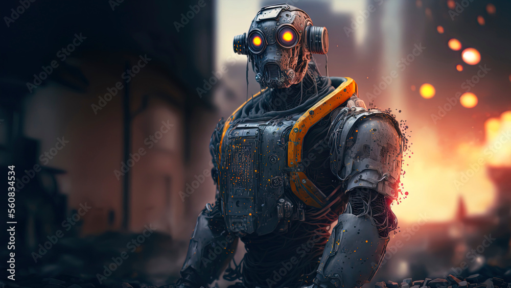 robot with glowing eyes standing in front of a city
