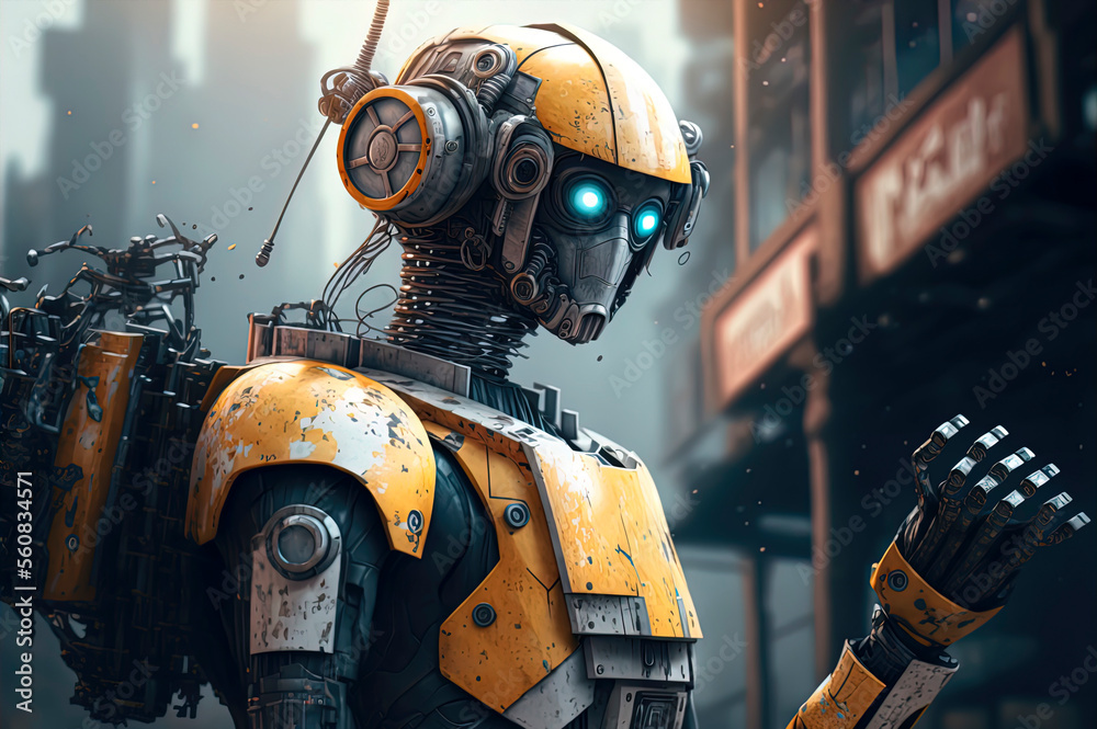yellow robot that is standing in the street, cyberpunk art yellow robot that is standing in the street, cyberpunk art