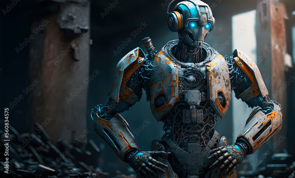 Fototapeta premium robot standing in an industrial setting with his hands on his hips