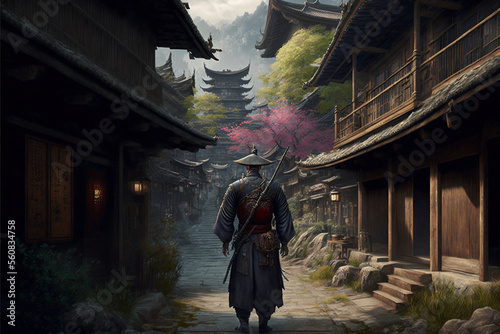 Samurai Standing In Ancient Village Digital Art © 7H3 W47CH3R