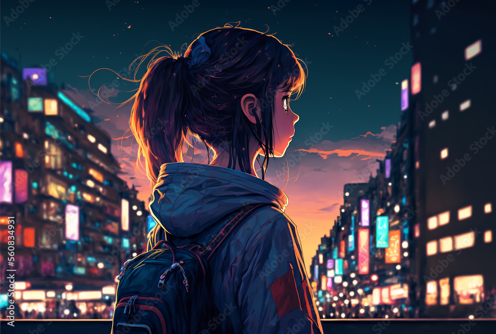 Anime Girl Looking At City Night Digital Art Stock Illustration | Adobe ...