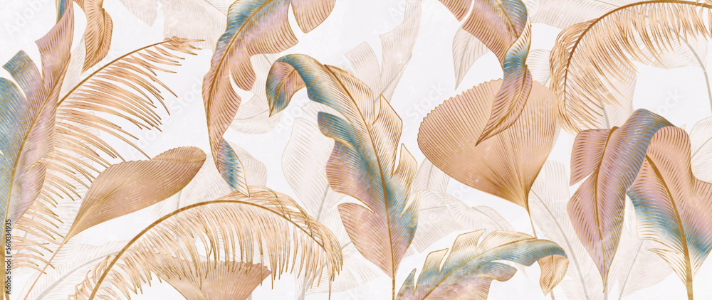 Fototapeta premium Art background in watercolor style with tropical leaves in brown and yellow color with golden elements in art line style. Banner with exotic plants for wallpaper design, packaging, print, textile