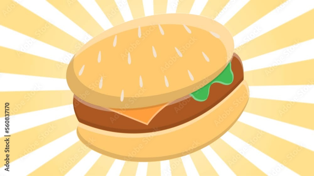 Delicious appetizing hamburger on the background of yellow abstract rays. Video 4k, motion design