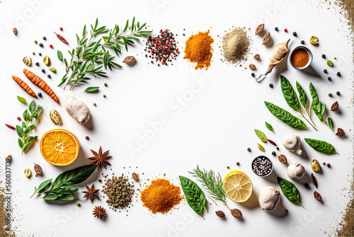 Culinary herbs and spices flat lay design, copyspace. Generative AI