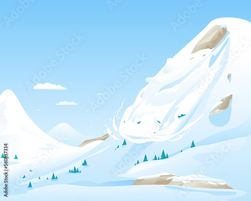 Leinwand Poster Snow avalanche slides down in high mountain, natural hazard illustration backgro