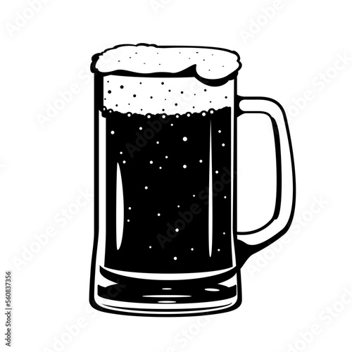 Full beer glass mug with handle and high foam in front view black and white isolated illustration