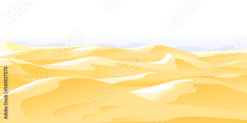 Desert landscape with big sand dunes in sunny day, arid deserted place without water and without plants, sand dunes to the horizon