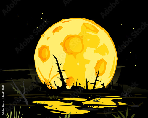 Full moon cartoon in night sky with reflection in terrible dark swamp, dark wild swamp landscape in full moon, dead trees terrible place, Halloween template illustration background