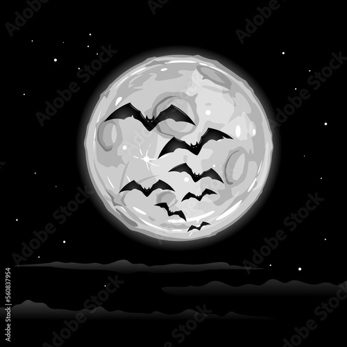 Night sky with flying bats flock silhouettes on the gray full moon, Halloween template illustration