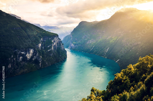 Famous Geirangerfjord in the soft, warm light in the summer. Geiranger, Norway, Scandinavia