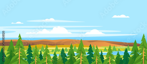 Spruce tops forest summer landscape background in simple geometric form, wildlife panorama with mountain hills and river in the valley in sunny day with blue sky, green triangular spruce with truncate