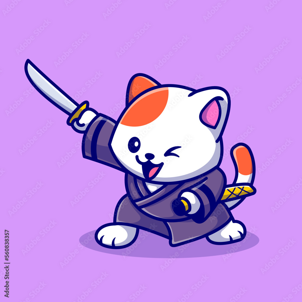 Cute Cat Samurai With Sword Cartoon Vector Icon Illustration. Animal ...