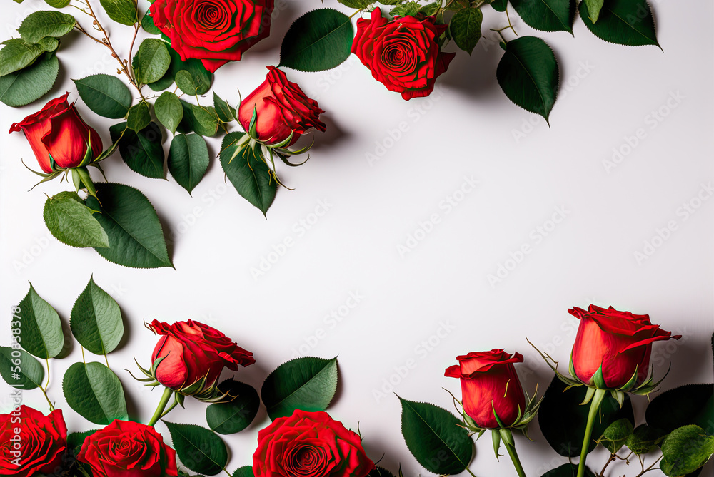 Red roses flat lay design, copyspace. Generative AI Red roses flat lay design, copyspace. Generative AI