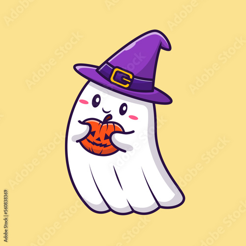 Cute Witch Ghost Holding Pumpkin Halloween Cartoon Vector Icon Illustration. Holiday Halloween Icon Concept Isolated Premium Vector. Flat Cartoon Style