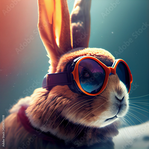 Cool Bunny in ski goggles rides a snowboard. Illustration Generative AI © olegganko