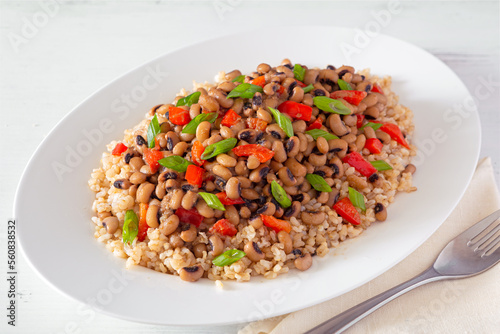 Vegan US Southern Hoppin John with brown rice in a white plate with copy space