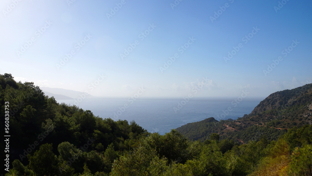 seascape, view of the mediterranean sea from the height of the forested mountains