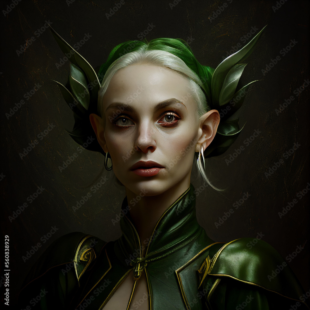 Woman Royal High Elves White Pale Skinned Blonde Hair Elegant Green Outfit Character Dnd Rpg 8994