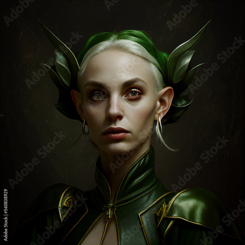 Woman Royal High Elves White Pale Skinned Blonde Hair Elegant Green Outfit Character DND RPG Roleplaying Caravaggio Style Concept Painting Generative AI Tools Technology illustration photo