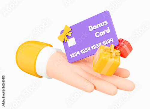 Canvas Print 3D Hand holding Bonus card and gift boxes