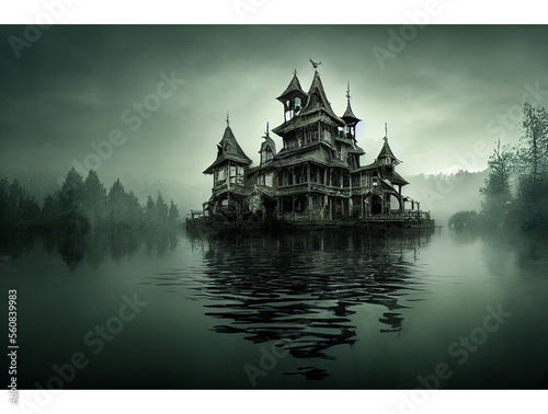 A haunted mansion with spooky backdrop, haunted house, halloween, dark and spooky, evil © Samantha Future