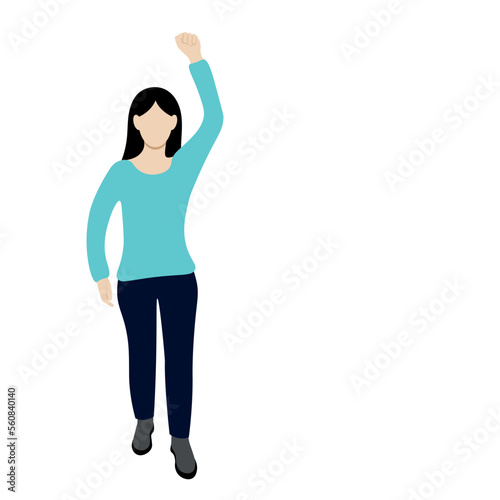 Girl stands with her hand raised up, flat vector, isolated on white, protest, faceless illustration
