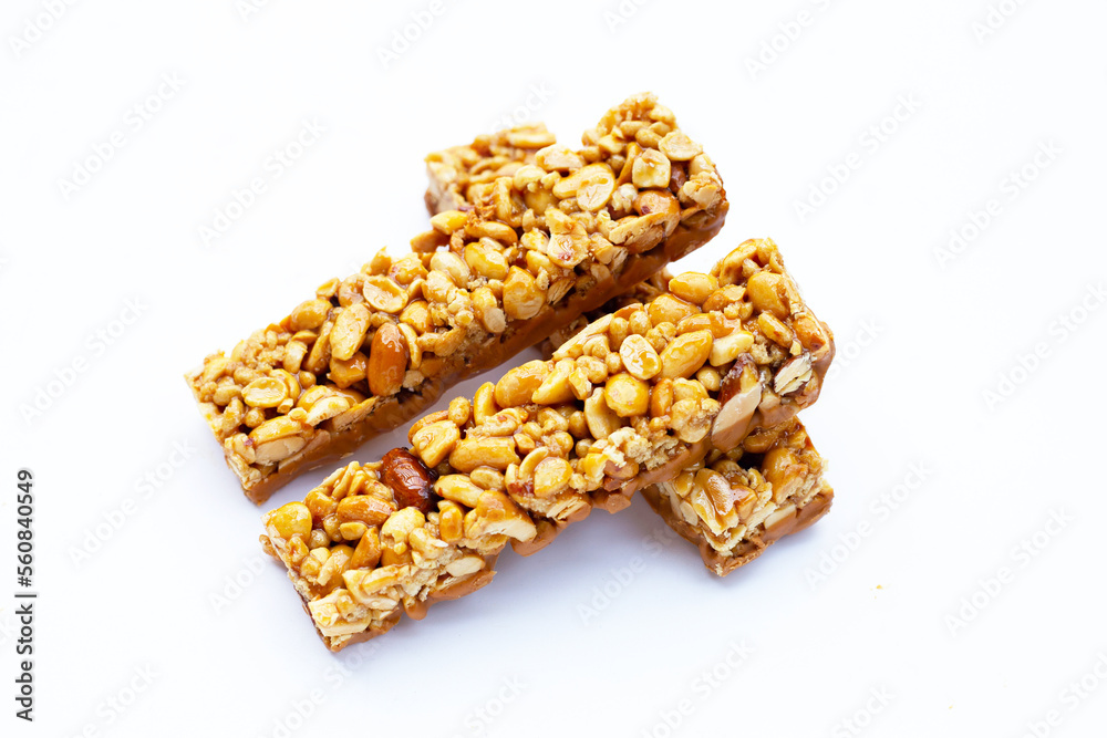 Peanuts butter chocolate bars on white