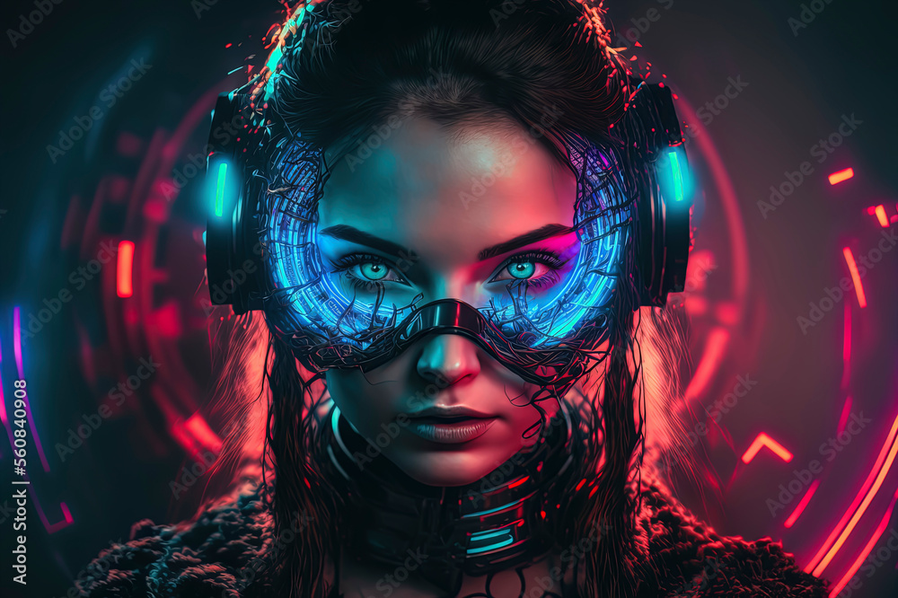 young girl using VR headset on digital neon lights background