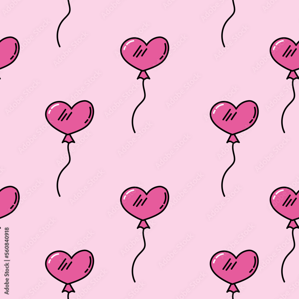 Pink seamless pattern with hearts balloons. Doodle heart wrapping paper for Valentine's Day. Romantic seamless background for holiday decor. Cute doodle illustration. Love and romantic concept