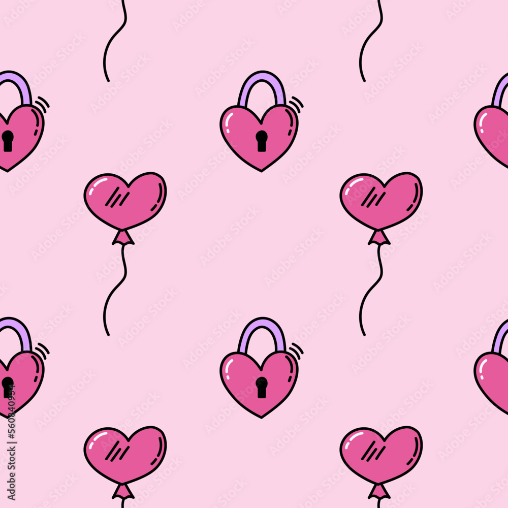 Pink seamless pattern with heart shaped lock and hearts-balloons. Doodle heart wrapping paper for Valentine's Day. Romantic seamless background for holiday decor. Cute doodle illustration