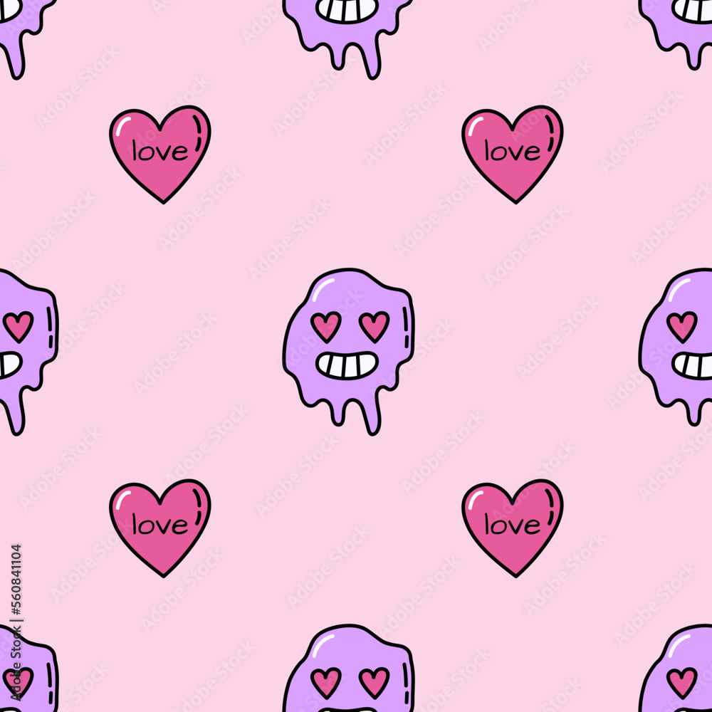 Pink seamless pattern with smile and hearts. Doodle heart wrapping paper for Valentine's Day. Romantic seamless background for holiday decor. Cute doodle illustration. Love and romantic concept Pink seamless pattern with smile and hearts. Doodle heart wrapping paper for Valentine's Day. Romantic seamless background for holiday decor. Cute doodle illustration. Love and romantic concept