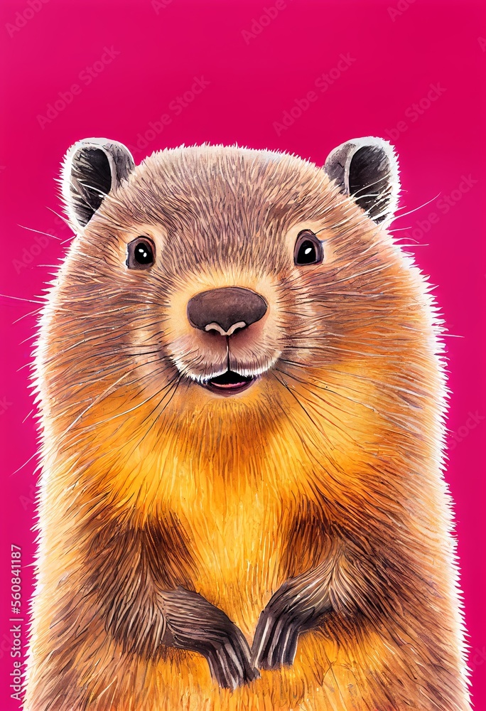 Fototapeta premium Funny adorable portrait headshot of cute groundhog. North American land animal standing facing front. Looking to camera. Watercolor imitation illustration. AI generated vertical artistic poster.
