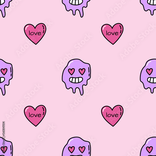 Pink seamless pattern with smile and hearts. Doodle heart wrapping paper for Valentine s Day. Romantic seamless background for holiday decor. Cute doodle illustration. Love and romantic concept