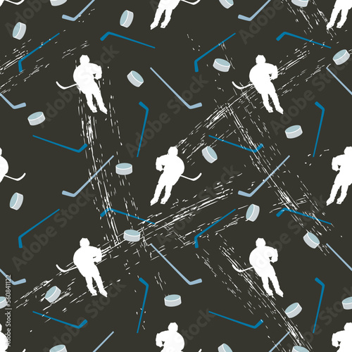 Seamless dark gray hockey pattern with white silhouettes of hockey players and pucks