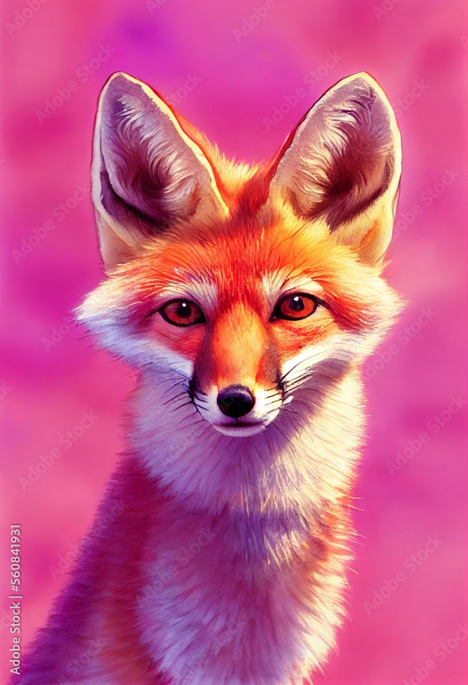 Fototapeta premium Funny adorable portrait headshot of cute kit fox. North American land animal standing facing front. Looking to camera. Watercolor imitation illustration. AI generated vertical artistic poster.