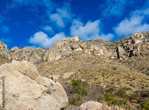 Large Boulders and Rugged Mountains Along The Smith Spring Trail Near The Historic Frijole Ranch, Guadalupe National Park, Texas, USA