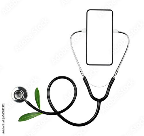 Obraz na płótnie Blank smartphone and stethoscope with green leaves isolated on transparent background