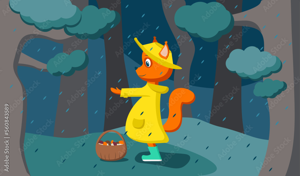 Naklejka premium Squirrel in a yellow coat in the forest in the rain. The squirrel held out its paw to the raindrops. Picking mushrooms in a basket. The character stands out brightly against a monochrome background.