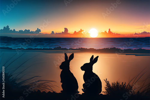 Rabbit Silhouettes at Sunset: A Cute Scene Over the Ocean, Lunar New Year, Year of the Rabbit, Generative AI