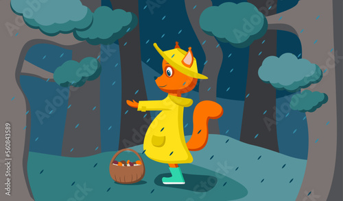 Squirrel in a yellow coat in the forest in the rain. The squirrel held out its paw to the raindrops. Picking mushrooms in a basket. The character stands out brightly against a monochrome background.