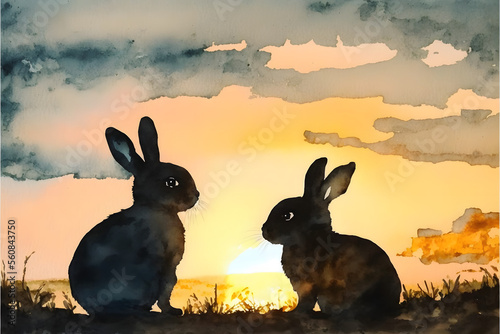 Watercolor Sunset with Cute Baby Rabbits, Lunar New Year, Year of the Rabbit, Generative AI