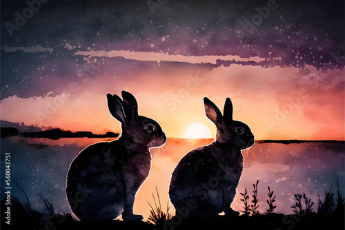 Cute Baby Rabbits at Sunset: A Watercolor Scene, ,Lunar New Year, Year of the Rabbit,Generative AI