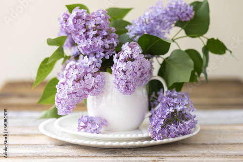 Beautiful spring composition with lilac flowers in a white cup for countryside decor. Greeting postcard for Women's day, Mother's Day, 8th of March. Birthday anniversary present