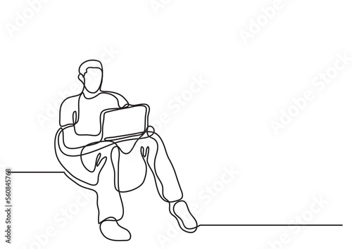 continuous line drawing man sittin in bean bag with laptop computer - PNG image with transparent background