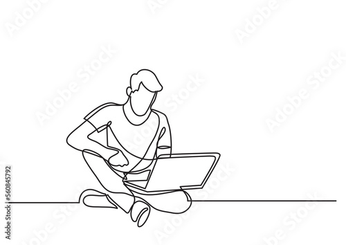 continuous line drawing man sitting with laptop - PNG image with transparent background