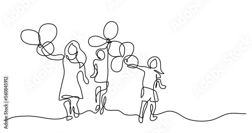 continuous line drawing of happy children running with balloons on summer day - PNG image with transparent background
