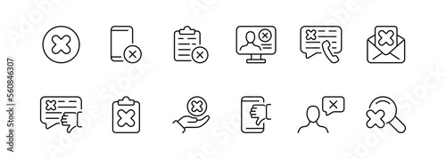 Set of icons with the concept of refusal in the form of a letter, message, call. Refusal to search, to offer, to invest, to communicate, to work and much more. Vector icons on a white background.