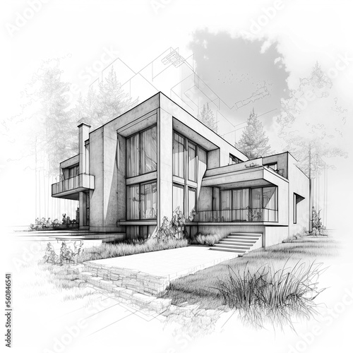 Architectural sketch of a new double storey modern house. Painting of a house sketch. Technical draw of modern two storey house. Generative AI