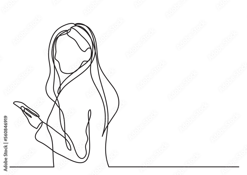 continuous line drawing woman with mobile phone - PNG image with transparent background