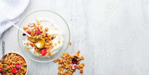 Granola with Yogurt in a Boal, Healthy Breakfast, Muesli with Dried Berries on Bright Concrete Background